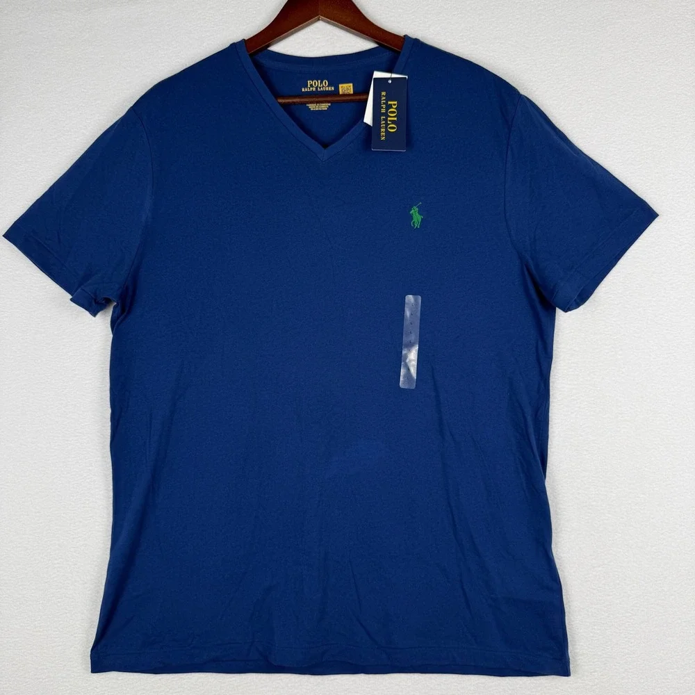 NWT Polo Ralph Lauren V-Neck T-Shirt Mens Large Blue Green Pony Logo